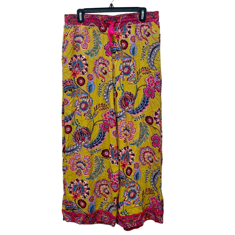 Kensie XL Yellow Floral Paisley Wide Leg Palazzo Smocked Waist Rayon Pants Boho